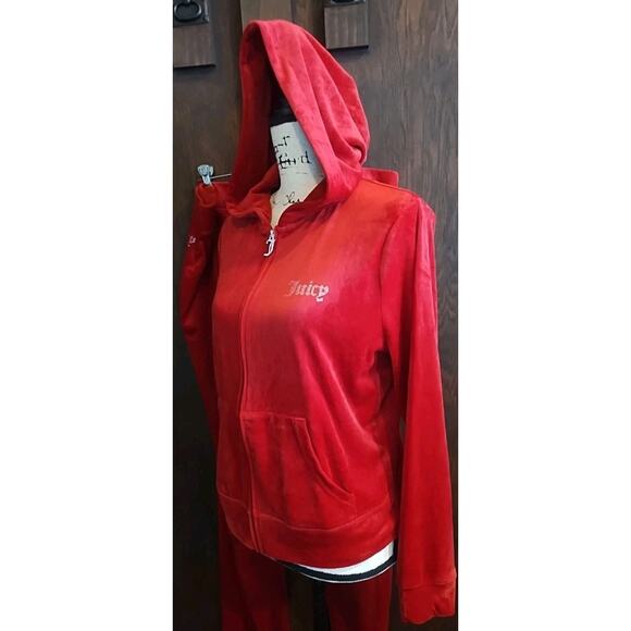 Juicy Couture Red Jeweled Y2K Hooded Velour Tracksuit Set Jacket (L) Pants (XXL) - Picture 4 of 12